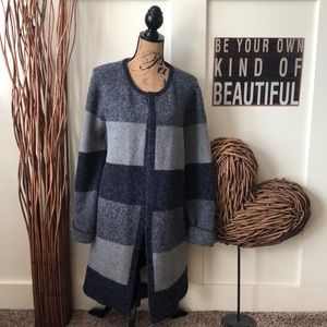 Cyrus Navy and Gray Striped Cardigan Sweater